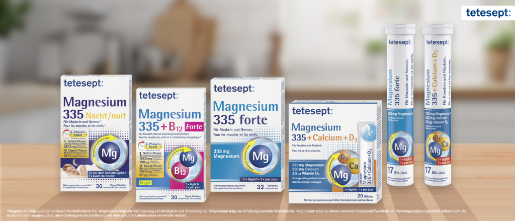 Packshot Composing aller Tetesept Magnesium-Produkte