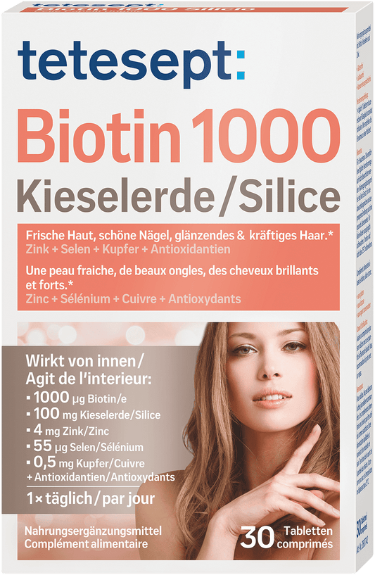 7611618077426 tetesept Biotin 1000 Kieselerde FS 30 Stck_product_front_pack_portrait_3d